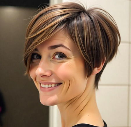 Asymmetrical Pixie Haircut in Natural Brunette