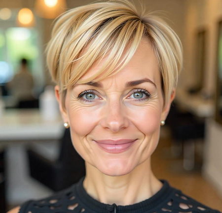 Classic Pixie Cut with Baby Bangs in Golden Blonde
