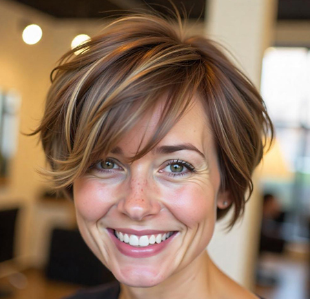 Feathered Pixie Cut with Side Bangs in Soft Caramel Brown