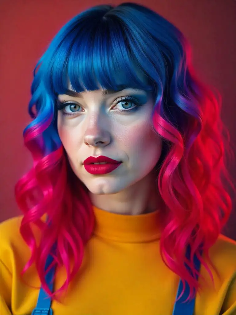 Neon Red and Blue Ombre Waves with Soft Bangs