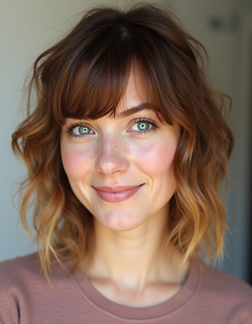 Soft Shag with Wispy Bangs in Chestnut Balayage