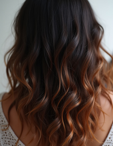 Soft Wavy Black Hair with Warm Brown Highlights