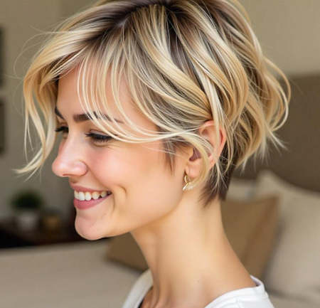 Tousled Pixie with Layered Bangs in Sandy Blonde