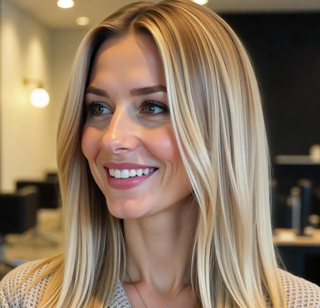 Long Layered Cut – Champagne Blonde Balayage