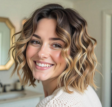 Messy Bob with Caramel Balayage Highlights