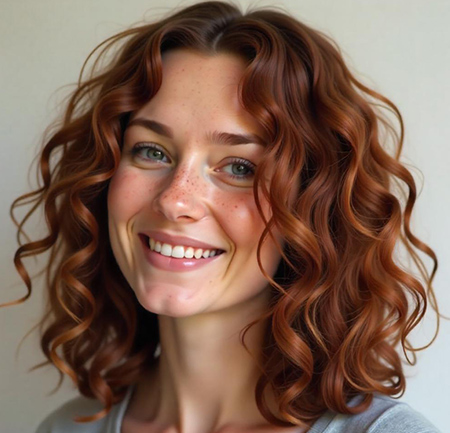 Voluminous Shoulder-Length Curls in Auburn
