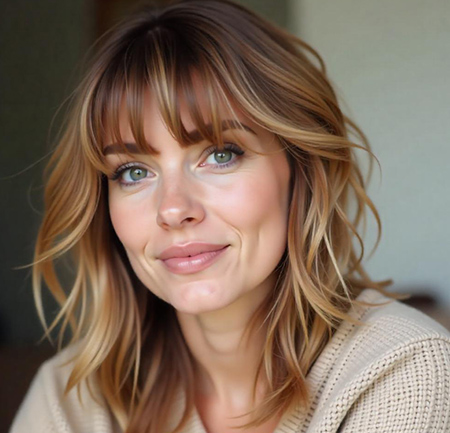 Wispy Bangs with a Medium-Length Caramel Melt