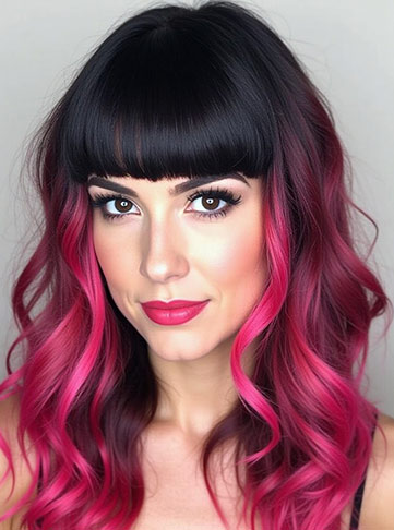 Black & Pink Chunky Highlights With Micro Blunt Bangs