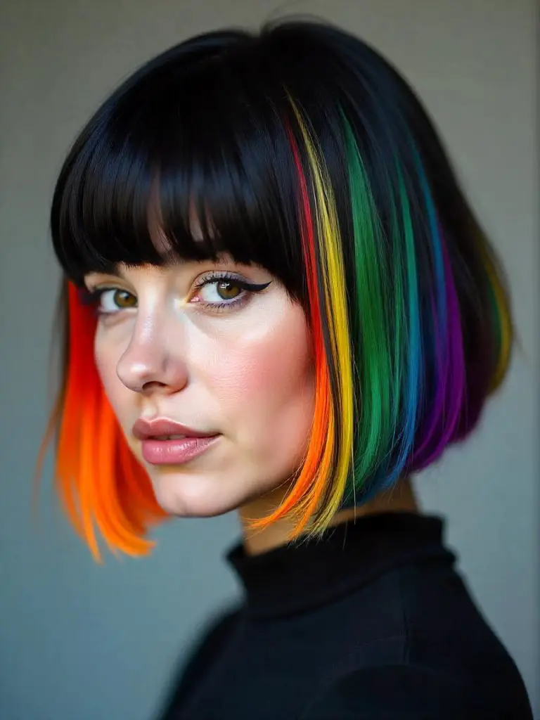 Black and Rainbow Gemini Hair on Extended Bob Cut