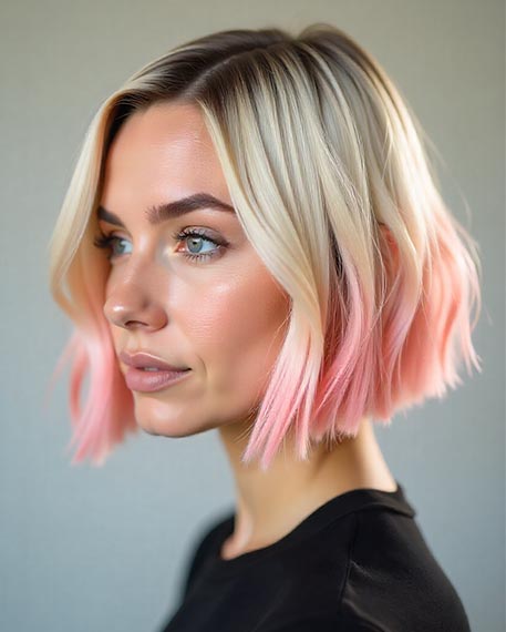 Blonde Razor Bob Adorned With Pastel Pink Tips