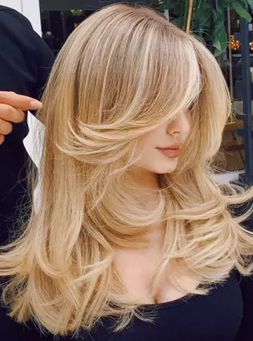 Butterfly Cut on Blonde Hair with Layered Bangs