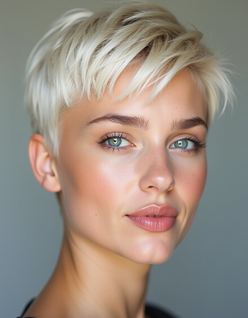 Choppy Pixie Cut with Micro Bangs in Platinum Blonde