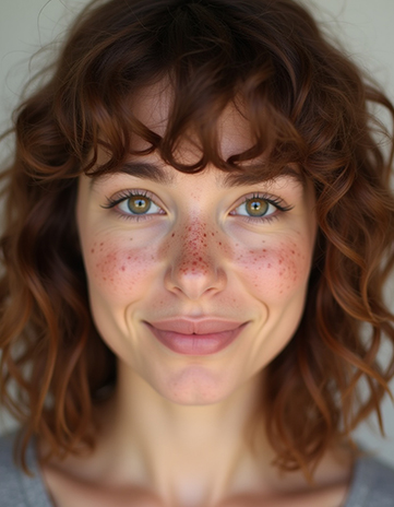 Curly Shoulder-Length Style with Rounded Bangs in Cinnamon Brown