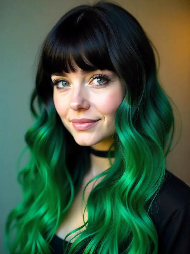 Emo-Style Black and Emerald Wavy Gemini Hair With Blunt Micro Bangs