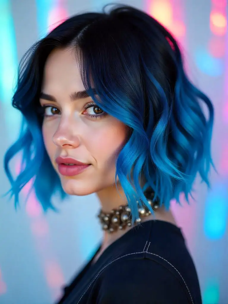Gemini Style Short Pacific Blue and Black Wavy Hair