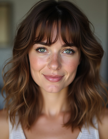 Layered Mid-Length Cut with Airy Bangs in Soft Mocha