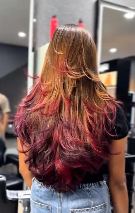 Long Hairstyle With Red and Purple Dip-Dye