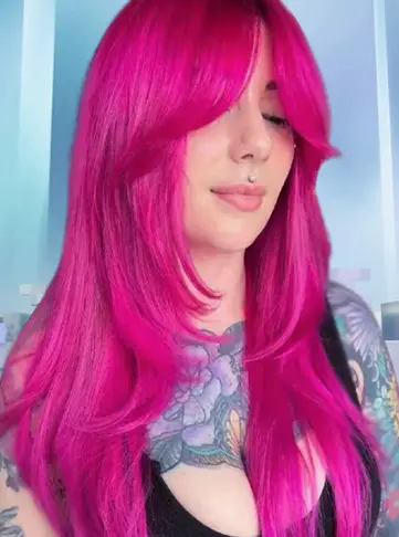 Long Hot Pink Layered Hair With Curtain Bangs