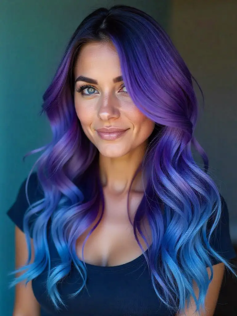 Long Layered Wavy Amethyst Purple and Sky Blue Gemini Hair