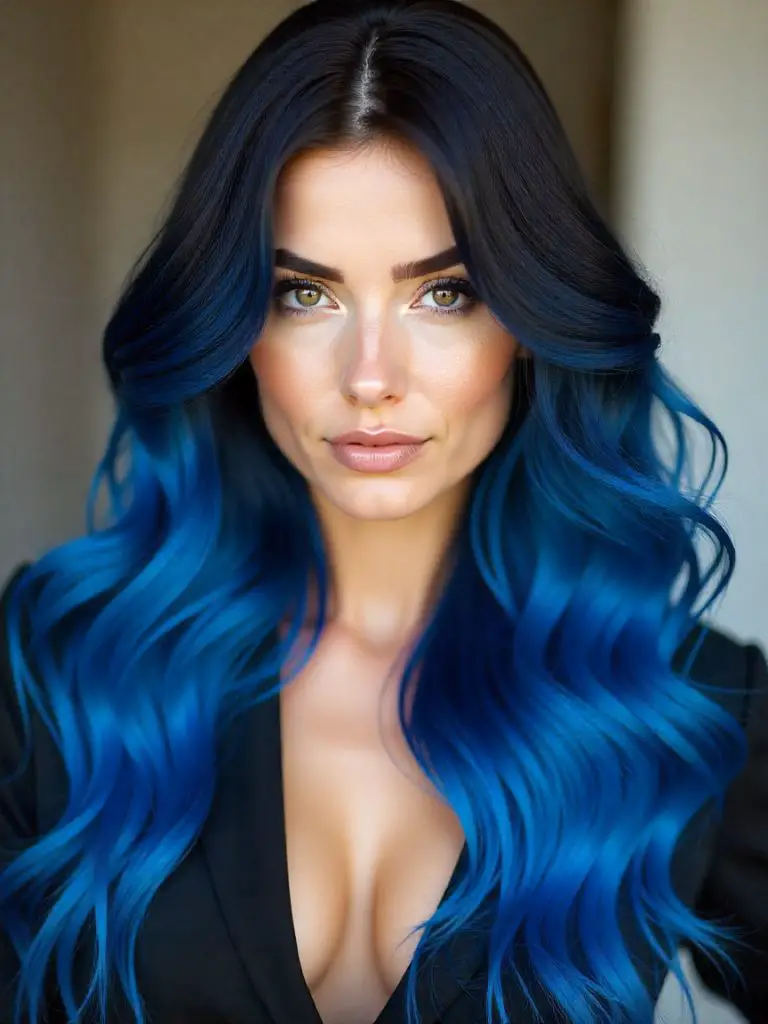Long Lustrous Black and Police Strobe Blue Wavy Gemini Hair