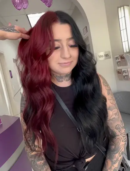 Long Wavy Black and Burgundy Split Gemini Hair