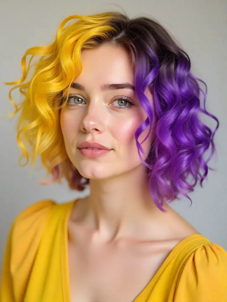 Medium Curly Yellow and Iris Purple Gemini Hair