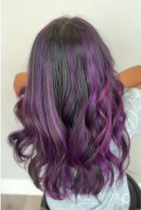 Multi-Colored Purple Highlights on Long Hair