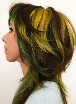 Octopus Haircut on long Wavy Black-Lemon Yellow Hair