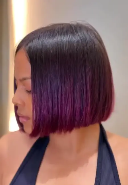 Purple-Pink Highlights on Angled Bob Hair
