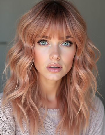 Textured Shag with Curtain Bangs in Rose Gold