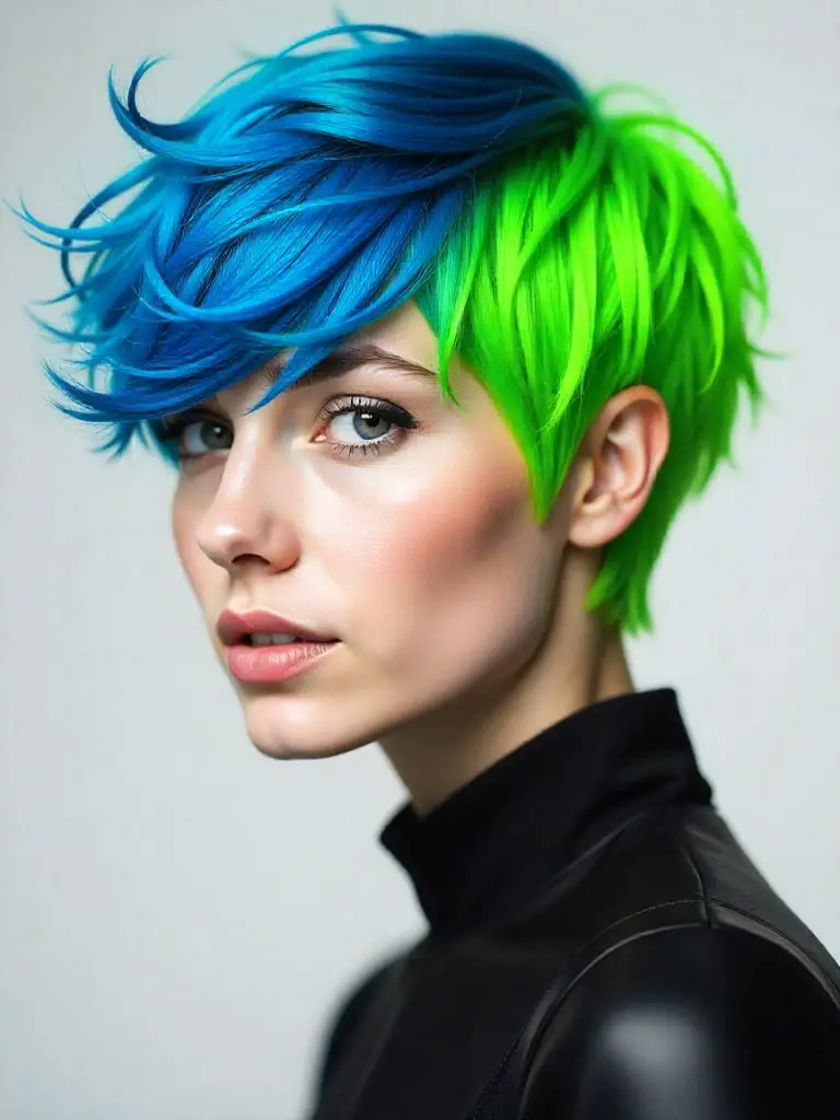 True Blue and Lime Green Pixie Gemini Hair With Choppy Micro Bangs