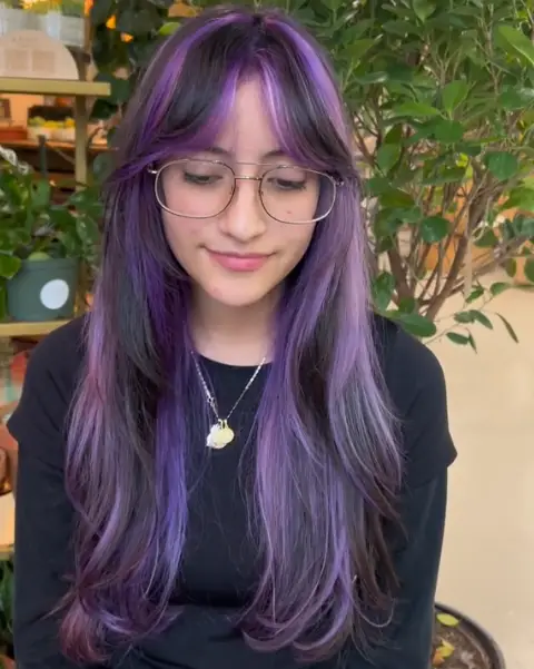 Virgin Purple Highlights on Wavy Bob Hair