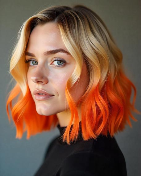Wavy Blonde Bob With Orange-Infused Tips