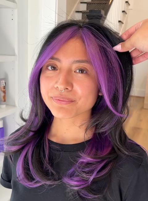 Wavy Medium Layered Haircut With Purple Money-Piece Highlight