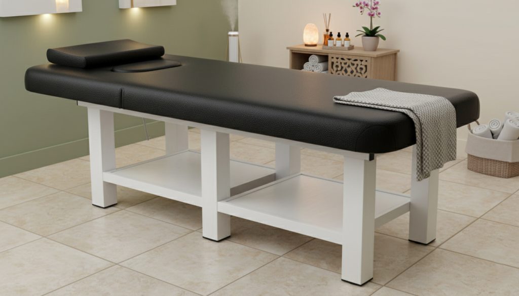 Long Folding Stationary Massage Table with Backrest and Storage Space