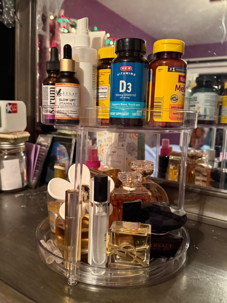 2 Tier Lazy Susan Bathroom Organizer, 9.25 Inch Clear Rotating Makeup Organizer